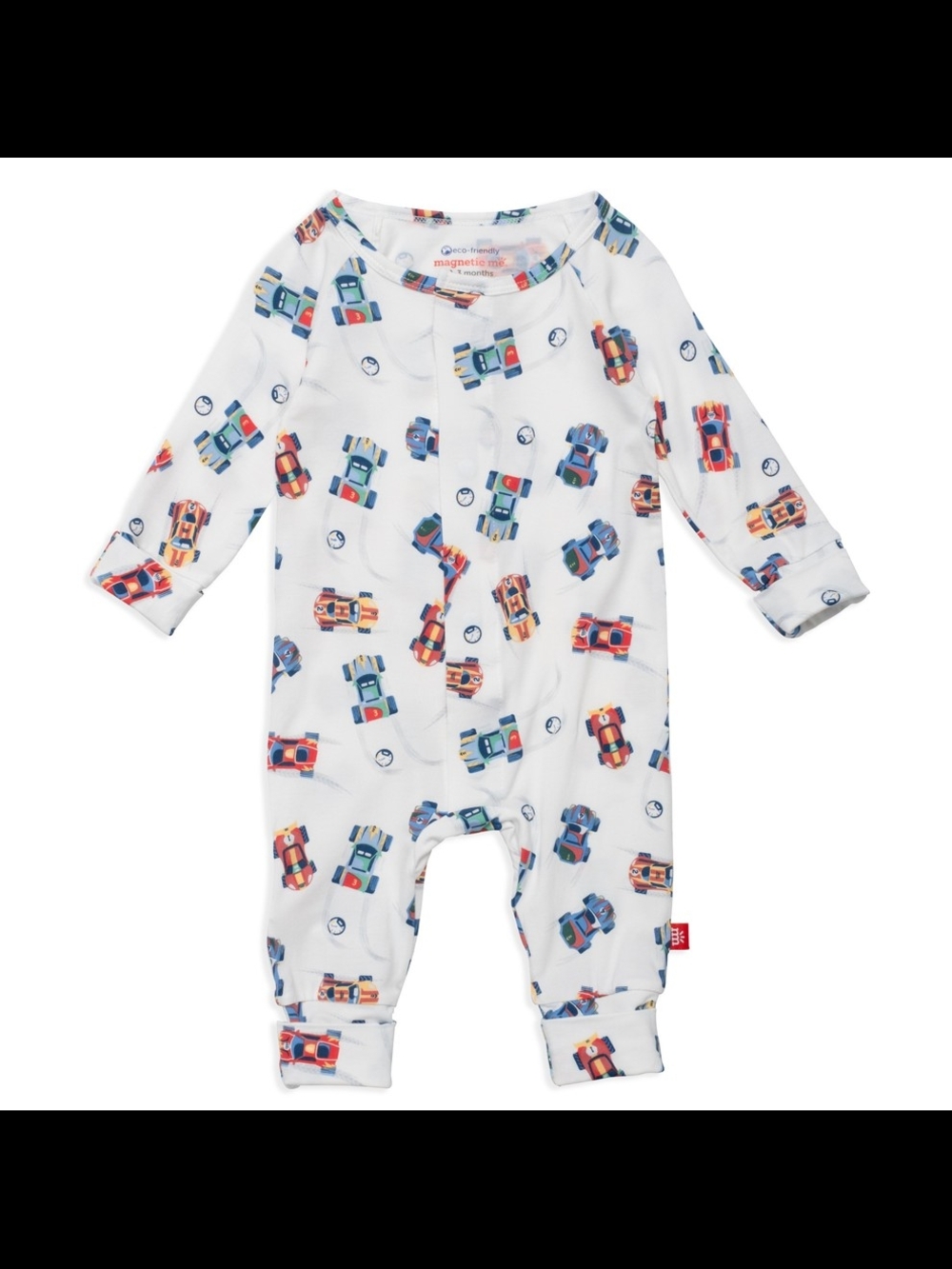 Magnetic Me White Baby One-Piece with Colorful Car Print